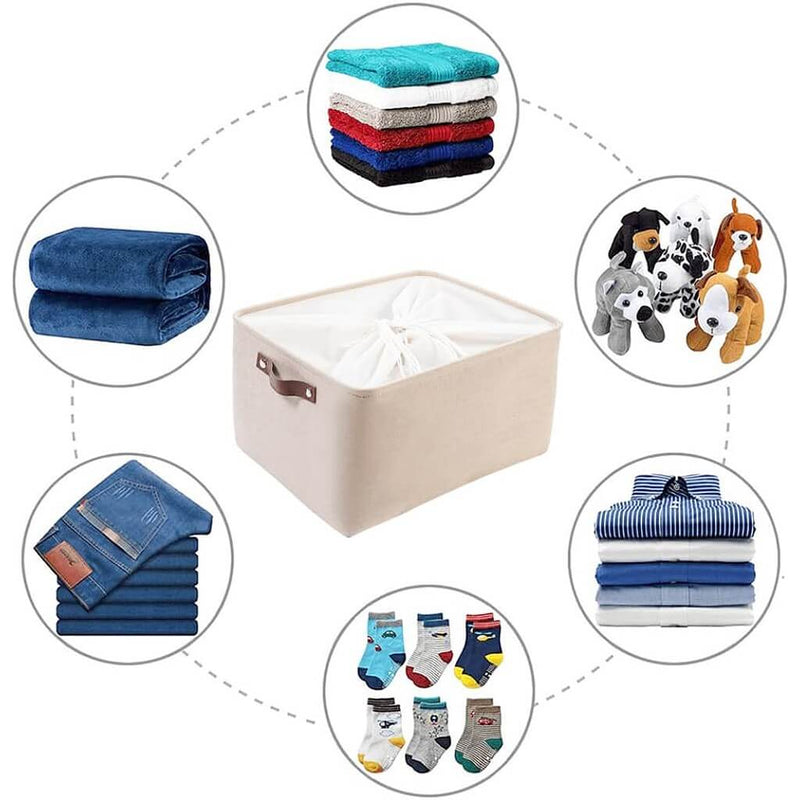 Große Aufbewahrungsbox aus Stoff Beige mit edlen Ledergriffen