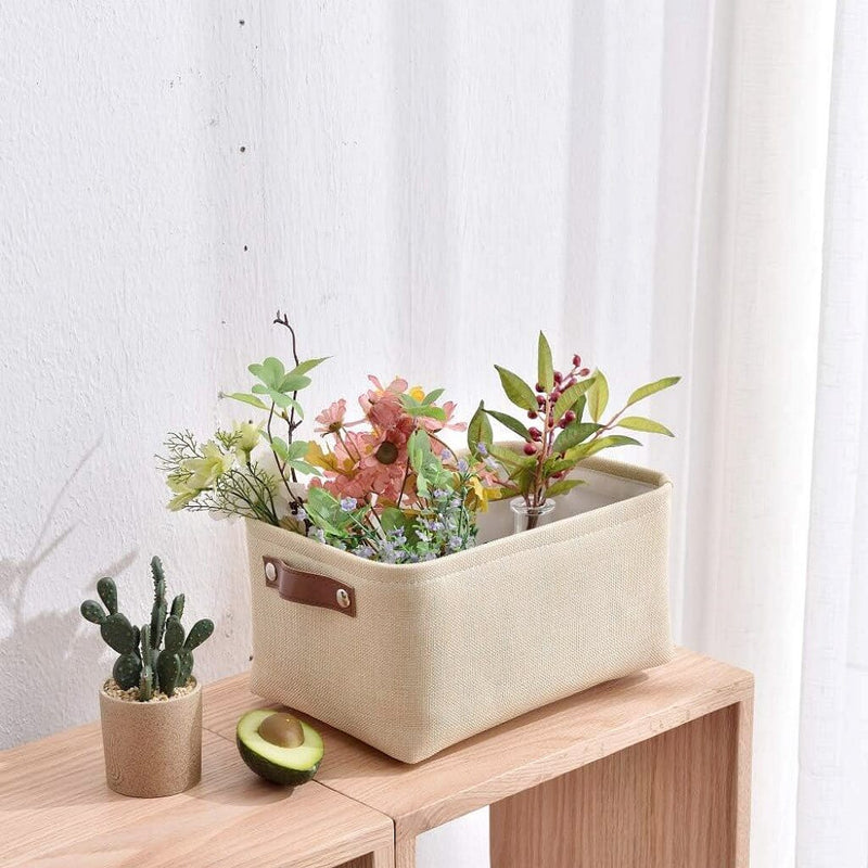 Große Aufbewahrungsbox aus Stoff Beige mit edlen Ledergriffen