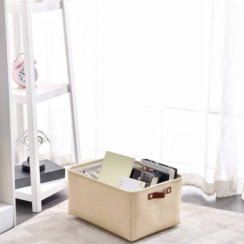 Große Aufbewahrungsbox aus Stoff Beige mit edlen Ledergriffen