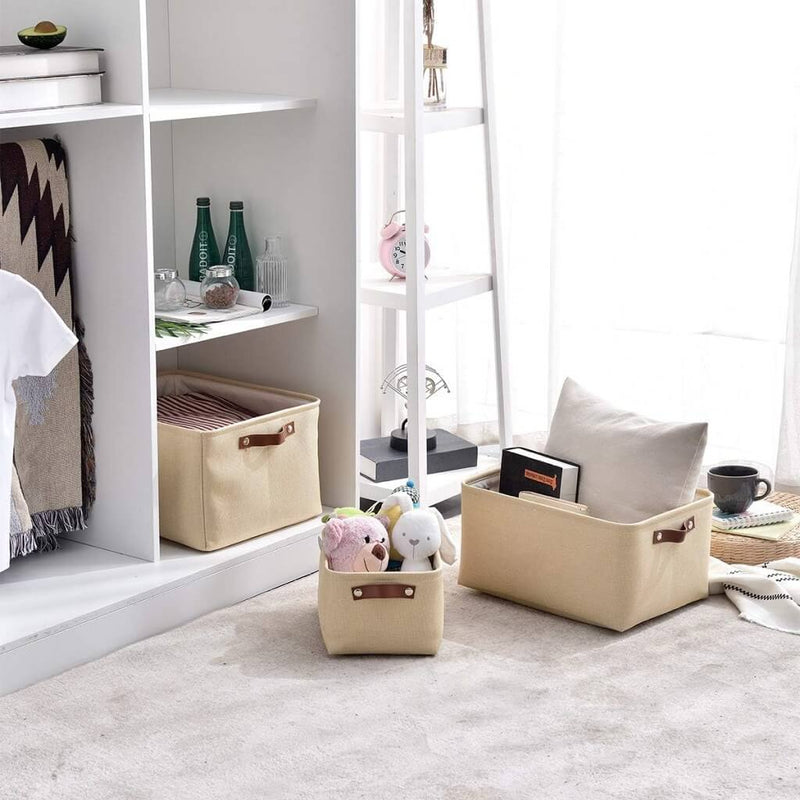 Große Aufbewahrungsbox aus Stoff Beige mit edlen Ledergriffen