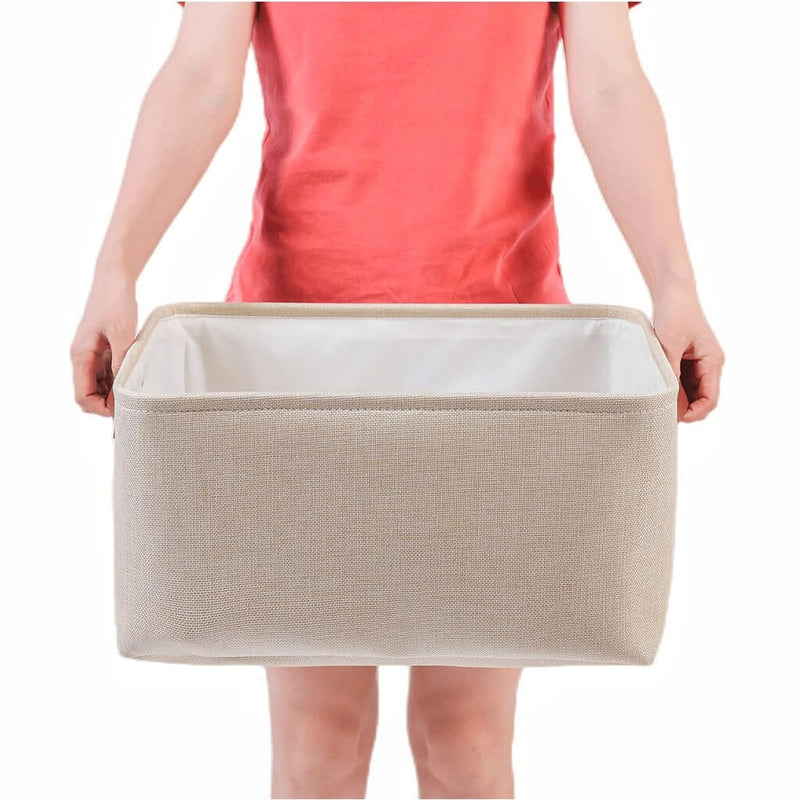 Große Aufbewahrungsbox aus Stoff Beige mit edlen Ledergriffen