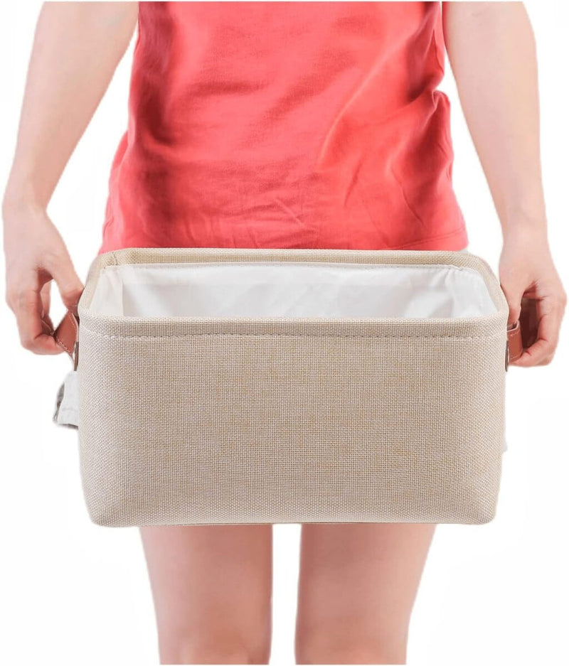 Große Aufbewahrungsbox aus Stoff Beige mit edlen Ledergriffen