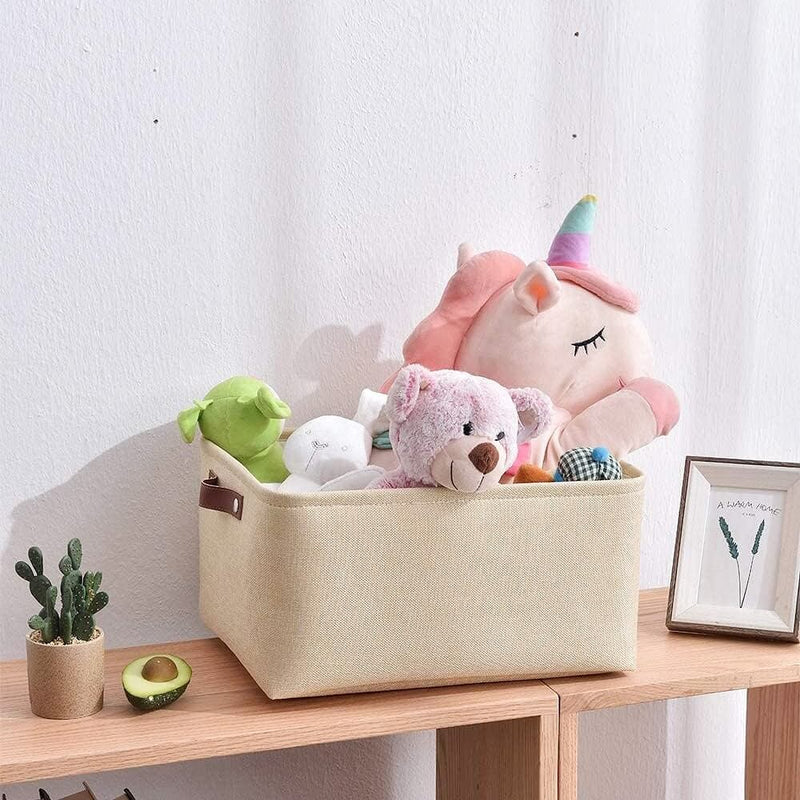 Große Aufbewahrungsbox aus Stoff Beige mit edlen Ledergriffen