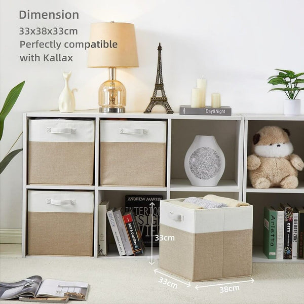 Stoff-Aufbewahrungsbox Würfel –  Regalwürfel, faltenfrei, waschbar, mit Griff (Helles Khaki/Weiß)