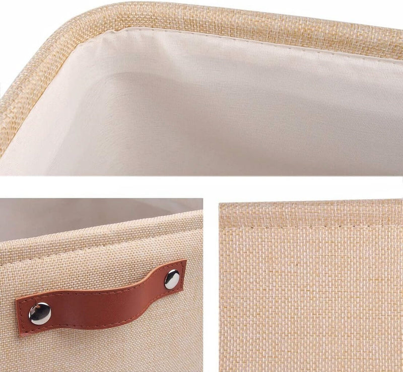 Große Aufbewahrungsbox aus Stoff Beige mit edlen Ledergriffen
