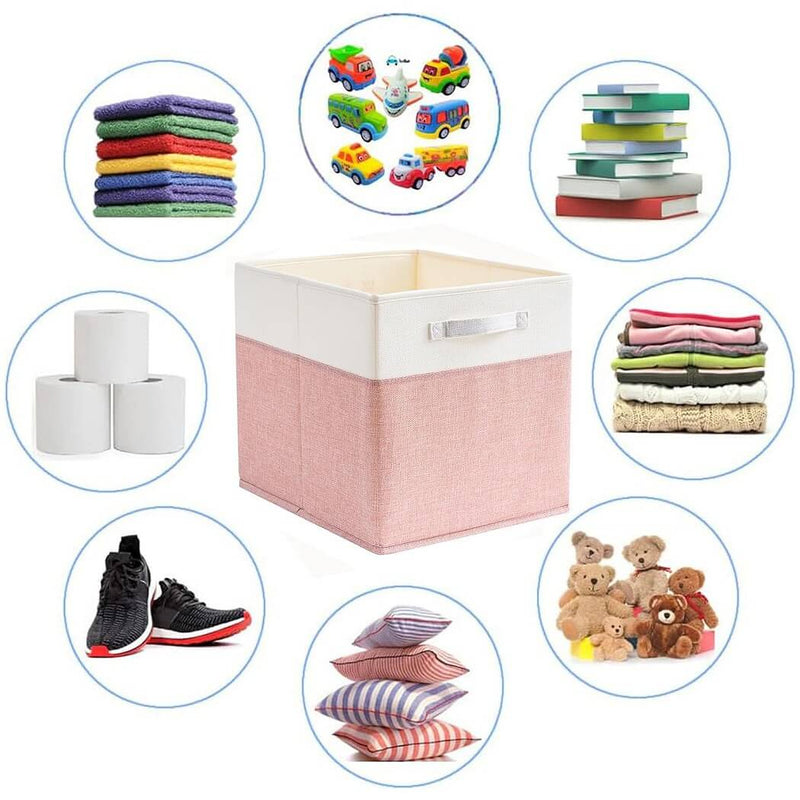 Aufbewahrungsbox Stoff Würfel, Rosa Weiß, faltbare Aufbewahrungskörbe für Regal & Kallax 3er 4er-Set