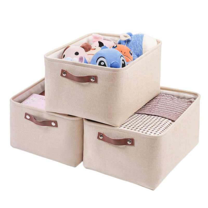 Große Aufbewahrungsbox aus Stoff Beige mit edlen Ledergriffen