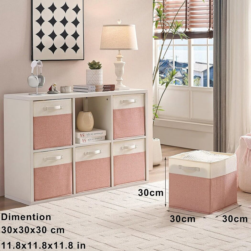 Aufbewahrungsbox Stoff Würfel, Rosa Weiß, faltbare Aufbewahrungskörbe für Regal & Kallax 3er 4er-Set