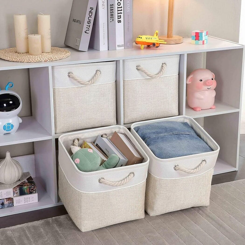 Aufbewahrungsbox, Stoff in Hellbeige/Weiß, mit Seilgriffen – Faltbar