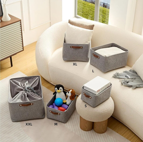 Stoffboxen mit Ledergriff (Grau)