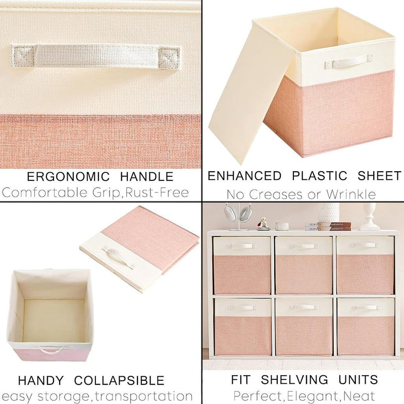 Aufbewahrungsbox Stoff Würfel, Rosa Weiß, faltbare Aufbewahrungskörbe für Regal & Kallax 3er 4er-Set