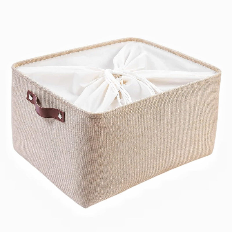 Große Aufbewahrungsbox aus Stoff Beige mit edlen Ledergriffen