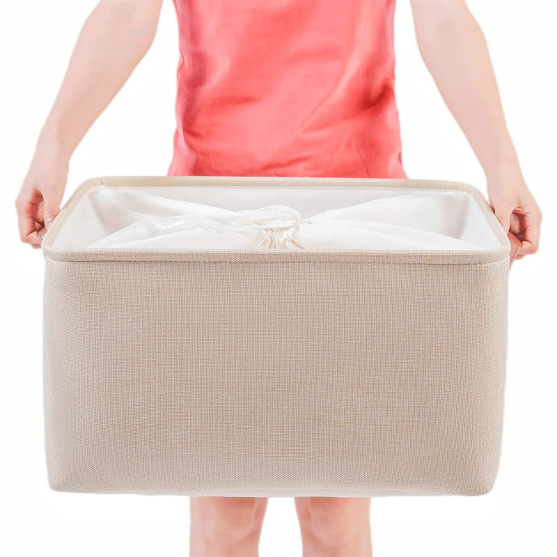 Große Aufbewahrungsbox aus Stoff Beige mit edlen Ledergriffen