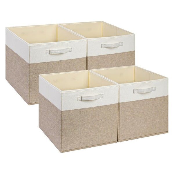 Stoff-Aufbewahrungsbox Würfel –  Regalwürfel, faltenfrei, waschbar, mit Griff (Helles Khaki/Weiß)