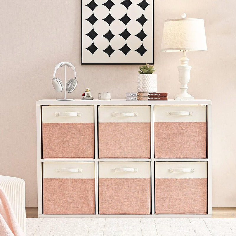 Aufbewahrungsbox Stoff Würfel, Rosa Weiß, faltbare Aufbewahrungskörbe für Regal & Kallax 3er 4er-Set