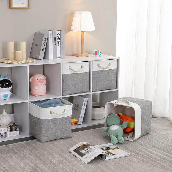 Stoff-Aufbewahrungsboxen mit Baumwollseilgriffen Grau Weiß – Körbe für Würfelregal, ideal für Spielzeug, Kleidung und Decken im Wohnzimmer