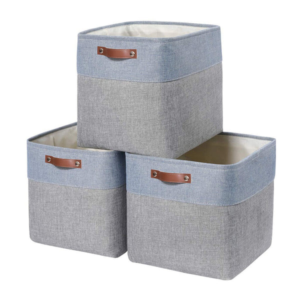 aufbewahrungsbox stoff set Mit Ledergriffen 33cm Grau Blau